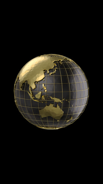 Planet Earth Globe Gold with Black on transparent background. Rotating 3d globe seamless loop animation.