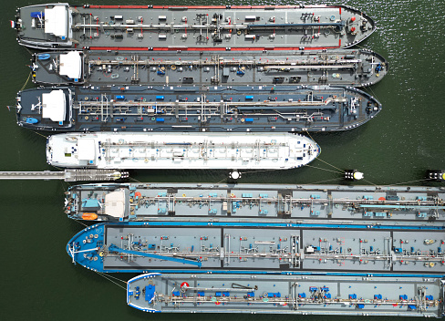 Aerial view of large oil tankers in the port of Rotterdam, The Netherlands