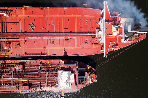 Aerial view of large oil tankers in the port of Rotterdam, The Netherlands