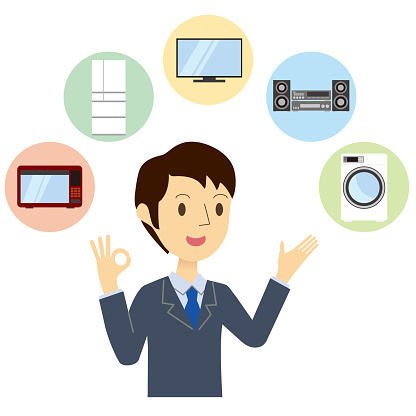 Illustration of a businessman introducing an appliance and giving an OK sign