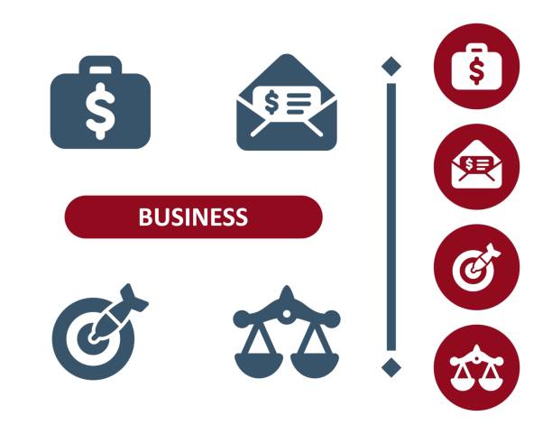 비즈니스 아이콘. 투자, 투자, 여행 가방, 서류 가방, 달러, 양식, 계약, 다트, 대상, 저울 아이콘 - portfolio investment will tax stock illustrations