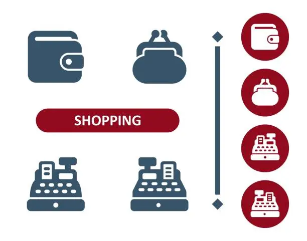 Vector illustration of Shopping icons. Retail, commerce, wallet, change purse, coin purse, cash register, till icon