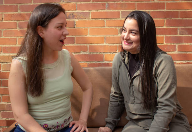 istock Two young women talking in a couch in front of a brick wall 2072084400