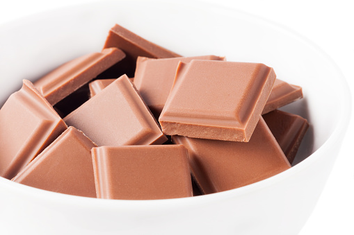 Bowl of milk chocolate pieces on white background