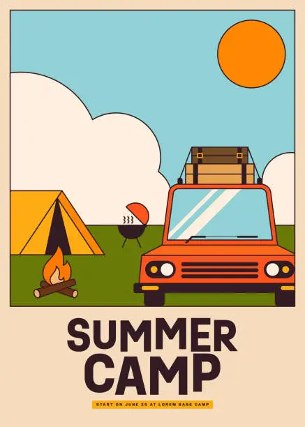 Vector illustration of Summer camping poster template design decorative with tent, bonfire, car parking at the base camp on sunny day