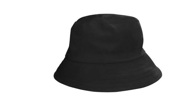black bucket hat isolated on white background - nobody black and white activity fisherman stock-fotos und bilder