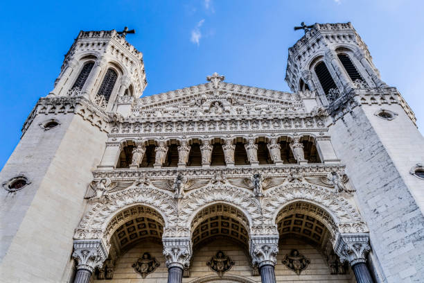 Front Facade Basilica of Notre Dame de Fourviere Outside Lyon France. Built from 1872 to 1896. Dedicated to Virgin Mary and thanks to God for victory over the socialists.