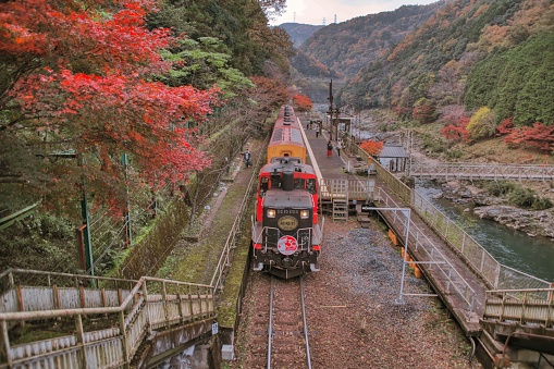 Arashiyama, Nishikyo Ward, Kyoto City, Kyoto Prefecture
November 27 ,2022:   Sagano Scenic Railway.
 A train stopping at Torokko Hozukyo Station.