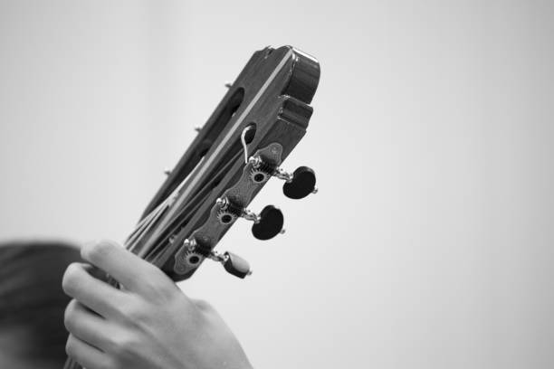 Guitar detail black and white. Play Music. Close up study play classic guitar, copy space