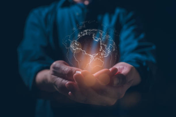 istock Hand holding virtual Global Internet connection metaverse. Business global internet connection application technology and digital marketing, Financial and banking, Digital link tech, big data 2072381163