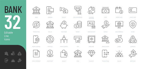 Vector illustration in modern thin line style of finance related icons: banking operations, currency, online banking, and more. Pictograms and infographics for mobile apps