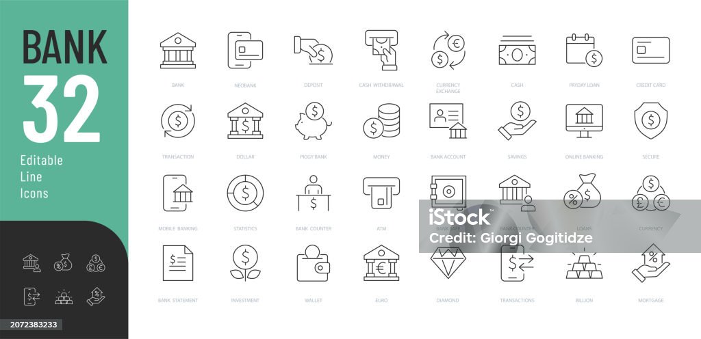 Bank Line Editable Icons set. Vector illustration in modern thin line style of finance related icons: banking operations, currency, online banking, and more. Pictograms and infographics for mobile apps Icon Symbol stock vector Bank Line Editable Icons set. Vector illustration in modern thin line style of finance related icons: banking operations, currency, online banking, and more. Pictograms and infographics for mobile apps Icon Symbol stock vector