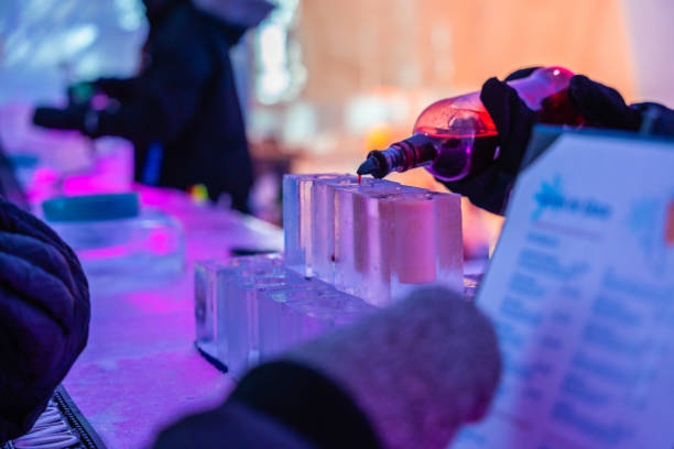 bere un drink all'ice bar dell'ice hotel di quebec city, canada - location shot foto e immagini stock
