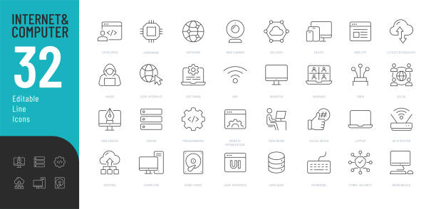 Internet and Computer Line Editable Icons set. Vector illustration in modern thin line style of computing related icons: computer components, programming, technology, and more. Pictograms and infographics for mobile apps hardware store stock illustrations