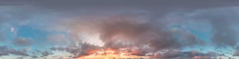 Dark blue sunset sky panorama with pink Cumulus clouds. Seamless hdr 360 pano in spherical equirectangular format. Full zenith for 3D visualization, game, sky replacement for aerial drone panoramas