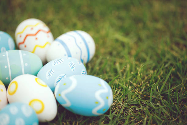 Collection of colorful easter eggs on green grass to celebrate Easter or spring.