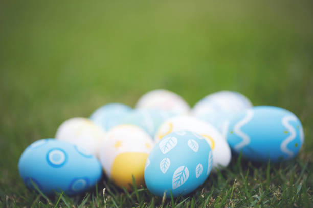 Collection of colorful easter eggs on green grass to celebrate Easter or spring.