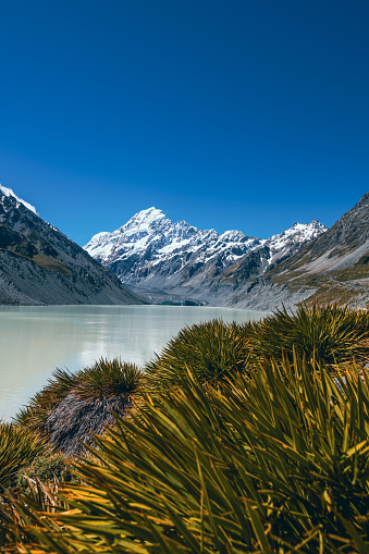Magical landscape at Hooker Lake in front of Mt Cook in New Zealand. Behold the stunning sight of snow-capped Mount Cook, majestically framed by other towering mountain peaks.
