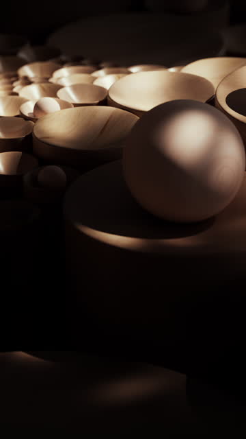 Wooden spheres and hemispheres create an abstract background.