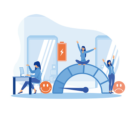 Stress Level concept. Energetic business woman working at table with computer. Fully charged active girl. Mentally healthy employee. flat vector modern illustration