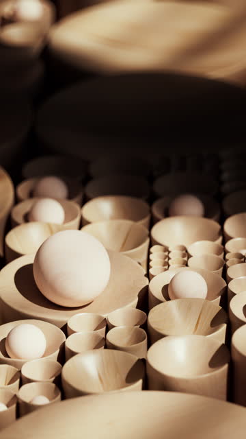 Wood spheres and hemispheres form an abstract backdrop.
