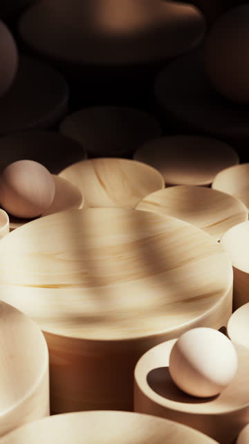 An abstract setting made of wooden spheres and hemispheres.
