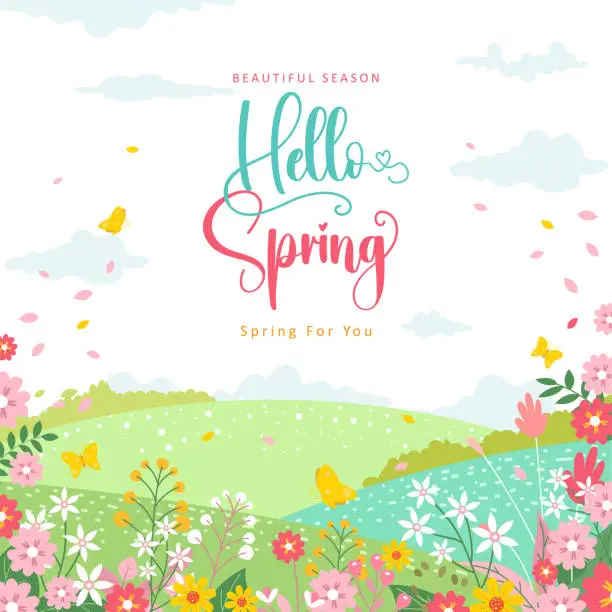Vector illustration of Spring template with beautiful flower and landscape background