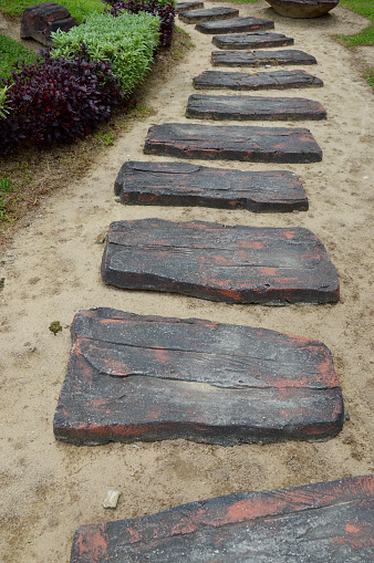 a curvaceous foothpath made of concrete blocks on the garden