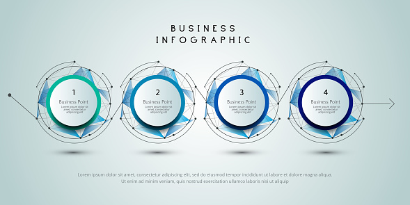 Horizontal chart with four circular elements and colorful curve line. Concept of 4 successive steps of business progress. Simple infographic design template. Vector illustration for presentation.