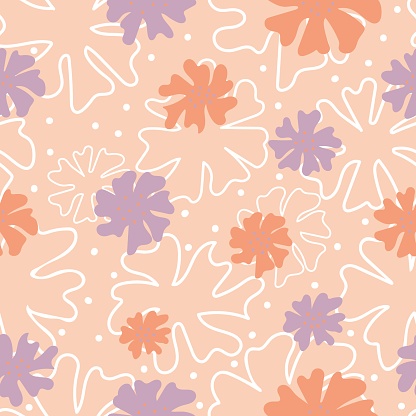 Aesthetic contemporary seamless pattern with flowers in trendy peach fuzz colors. Modern floral print for textile, fabric, wallpaper, wrapping, gift wrap, paper, scrapbook and packaging