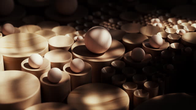 The wooden spheres and hemispheres generate an abstract atmosphere.