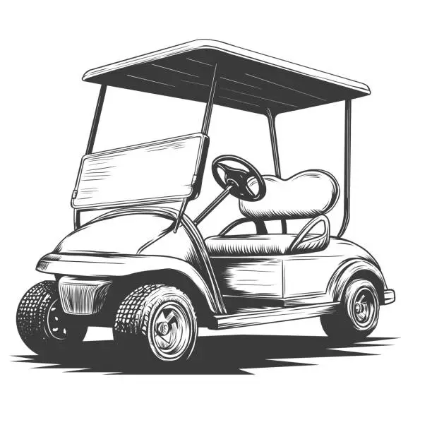 Vector illustration of Engraving of golf cart. Vector illustration for posters, decoration and print. Hand drawn sketch of machine for golf. Detailed vintage etching style drawing.