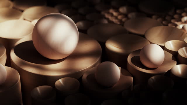 The abstract background uses wooden spheres and hemispheres.