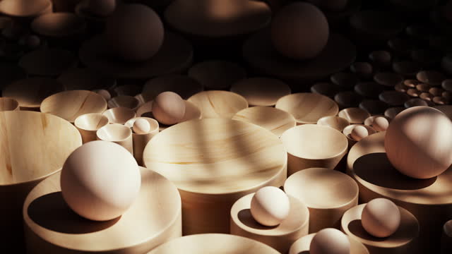 The composition is abstract with wooden spheres and hemispheres.