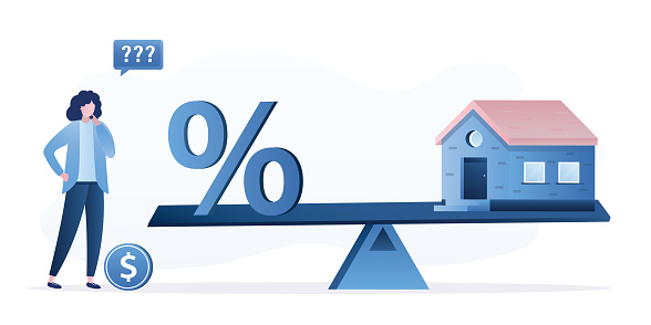Percent sign and house on seesaw. Woman borrower is considering buying property with mortgage. High annual interest for the use of borrowed funds. Female client is thinking about buying home. vector