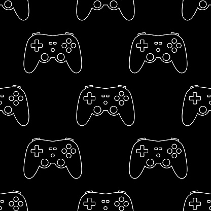 Game joystick seamless pattern. Accessories for playing on a computer or console. Texture, line art style. Decoration with keypad tool isolated on black background. Modern gadget. vector illustration