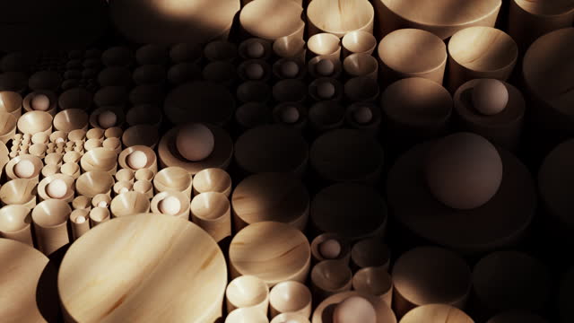 Wooden spheres and hemispheres form an abstract visual display.