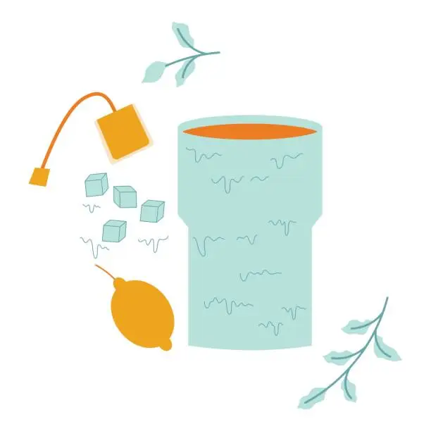 Vector illustration of Cup of lemon tea with tea bag and leaves. Vector illustration in flat style with drink theme. Editable vector illustration.