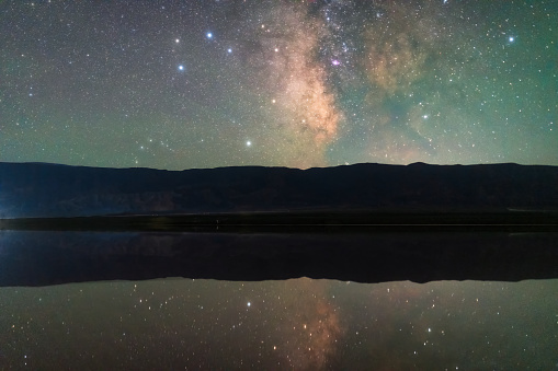 The reflection of the Milky Way and the lake surface