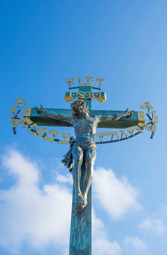 Large crucifix along the Charles Bridge in Prague's Old Town.