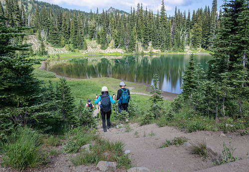 Three people hiking Shadow Lake Trail. Sunrise area. Mount Rainier National Park. Washington State.