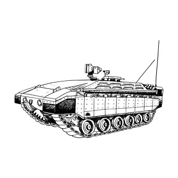 Vector illustration of Vector Namer Israeli armored personnel carrier and troops military vehicle of Israeli Defense Forces black and white ink graphic illustration