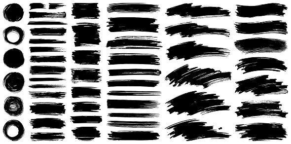 Set of paint brush strokes and backgrounds. Hand drawn design elements. Isolated vector grunge images black on white.