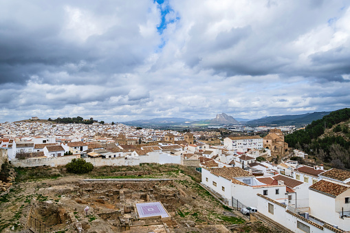 Panoramic view on the town of Antequera, whose ancient origin are demonstrated by the discovery of the Roman Baths visible in foregound