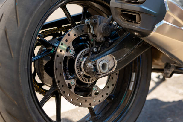 istock rear wheel of a motorcycle with a brake 2072665654
