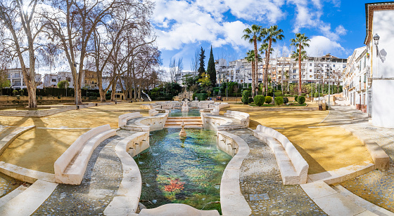 The Fuente del Rey are outstanding fountains with groups of sculptures, built by Remigio del Mármol​ in 1803 to take advantage of the waters of the nearby spring Fuente de la Salud (7 shots stitched)