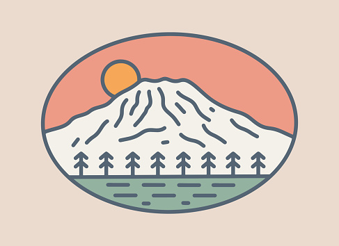 Illustration of Mt Rainier national Park in simple mono line style design for badge, t shirt, sticker, etc