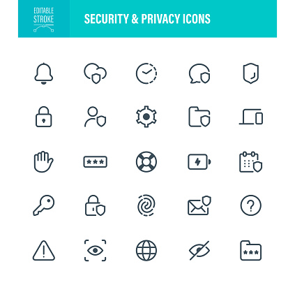 Privacy and Security Icon Set. Editable Stroke. For Mobile and Web. Contains such icons as Security System, Key, Network Security, Password, Shield, Digital Verification, Privacy Protection,
