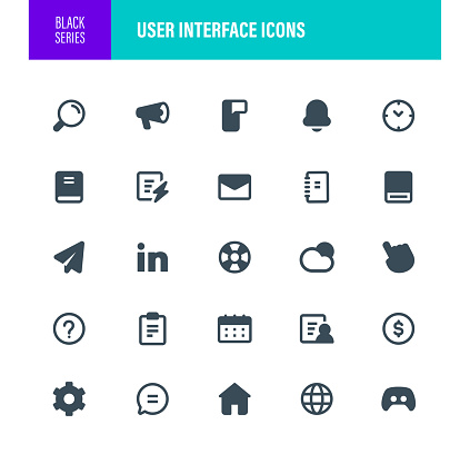User Interface Black Icon Set. For Mobile and Web. Contains such icons as Icon Symbol, Telephone, Connection, Social Media, Icon Symbol, Image-based Social Media, Vector