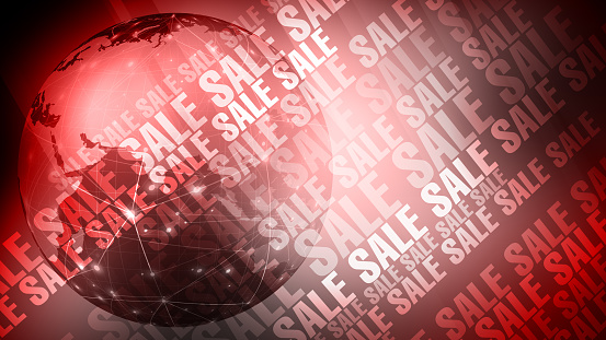 Store offers bold sale text with red world globe backdrop for modern buy design